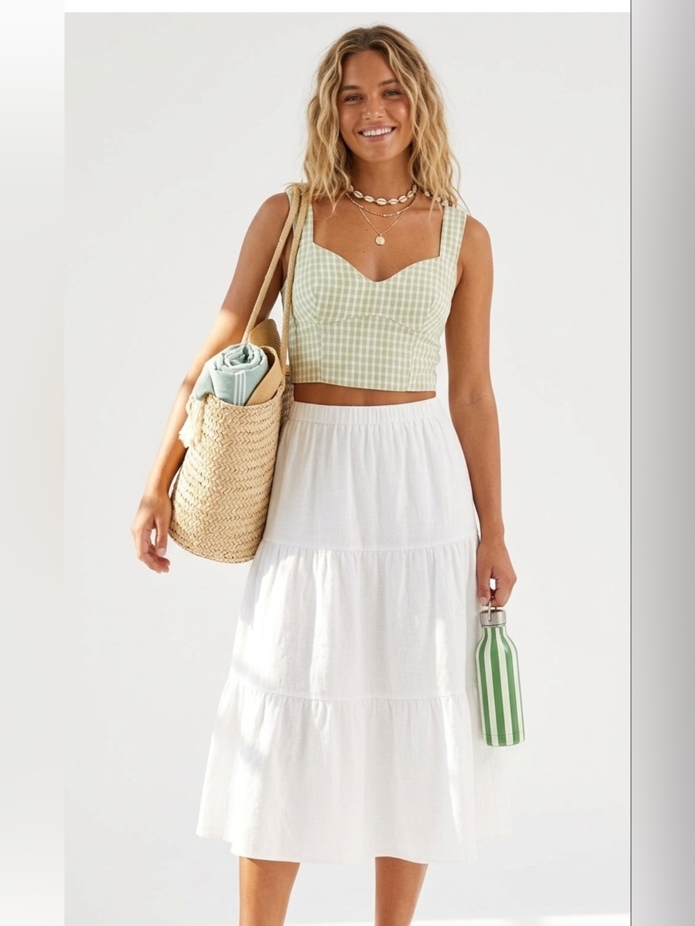 Elodie Anthropologie Gingham Corset Tank Green White XL NWOT